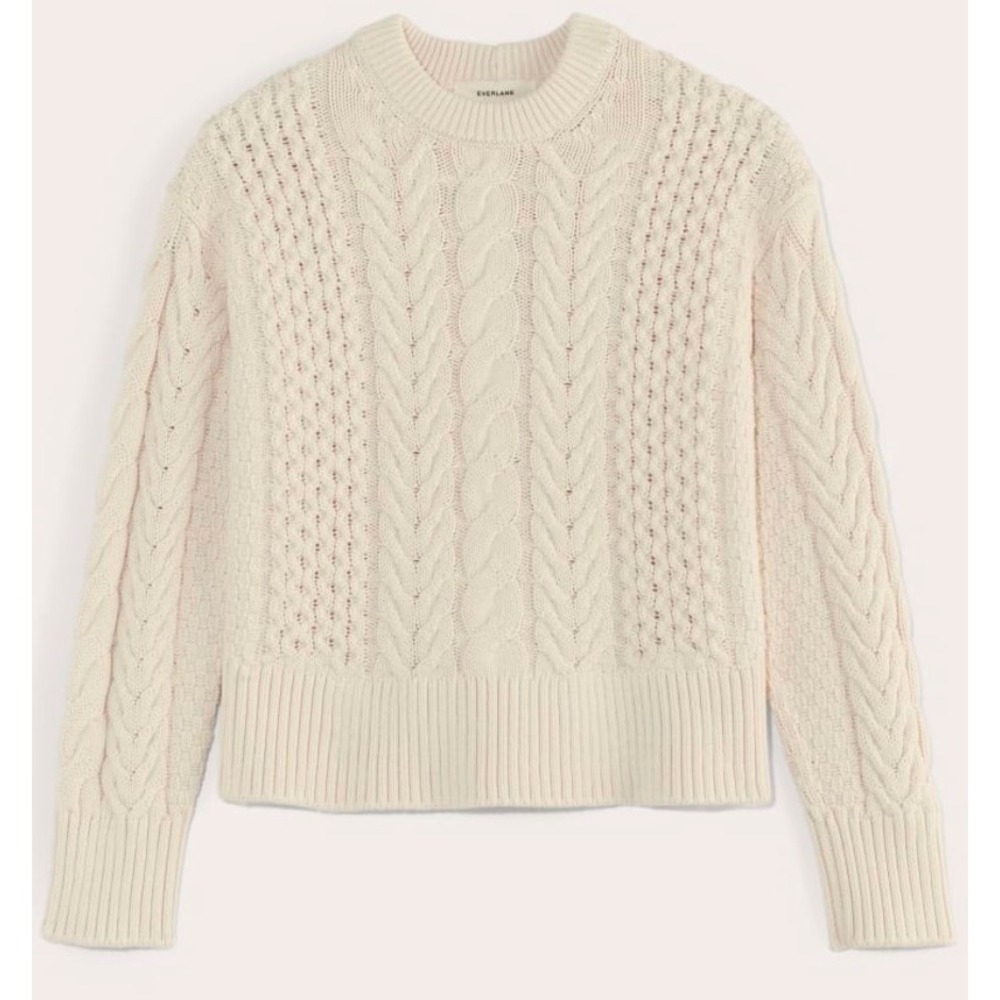Everlane Womens XS Organic Cotton Cable Knit Sweater Cream Fishermans Crew Neck - Picture 2 of 8